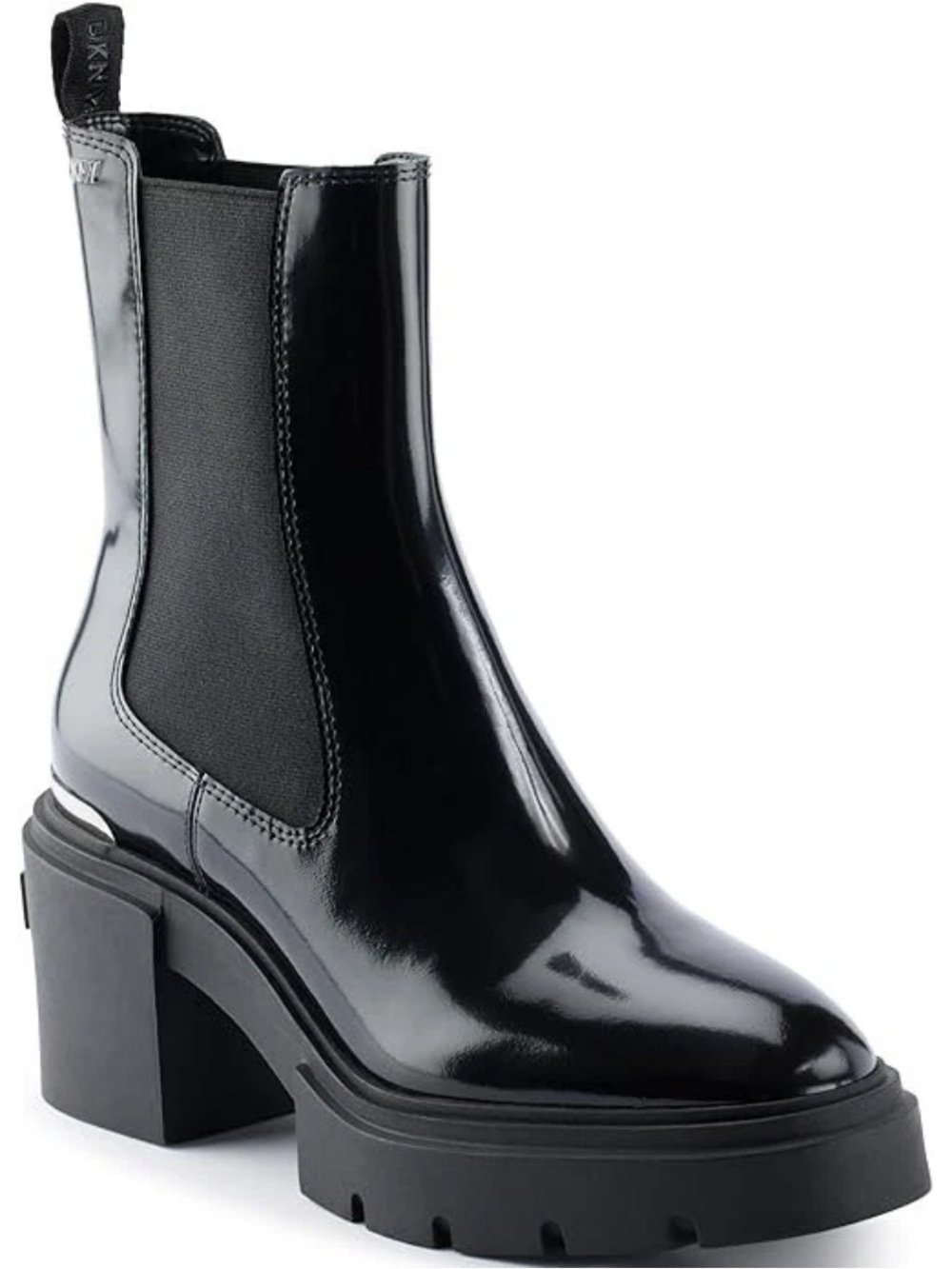 DKNY Thana Platform Chelsea Ankle Boot Black Leather Logo Rubber Sole Heel 6